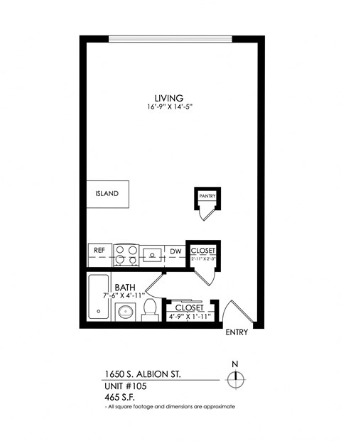 Floor plan for studio, 1 bath, 465 sqft